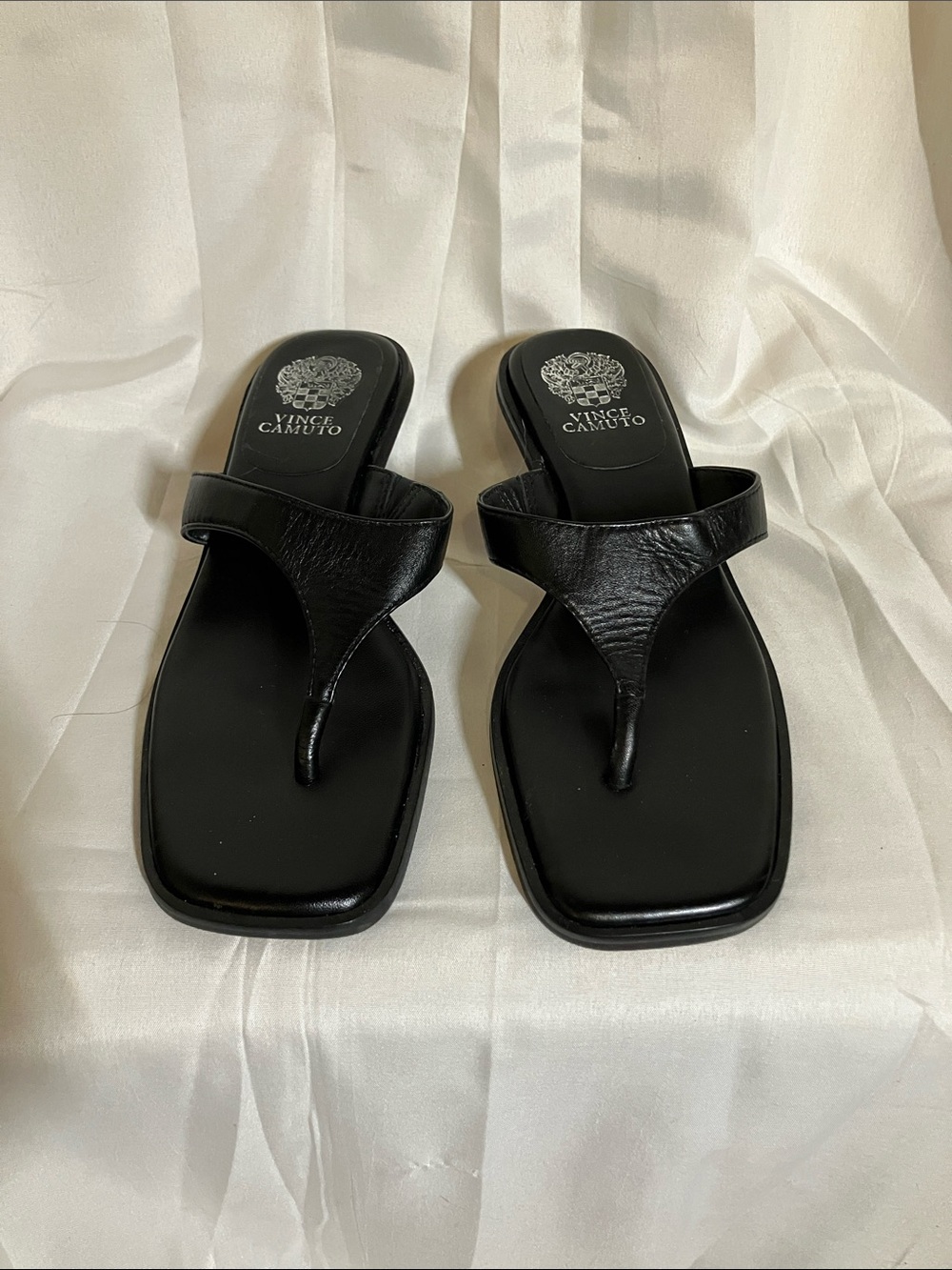 Vince Camuto Black Leather Square Toe Thong Sandals